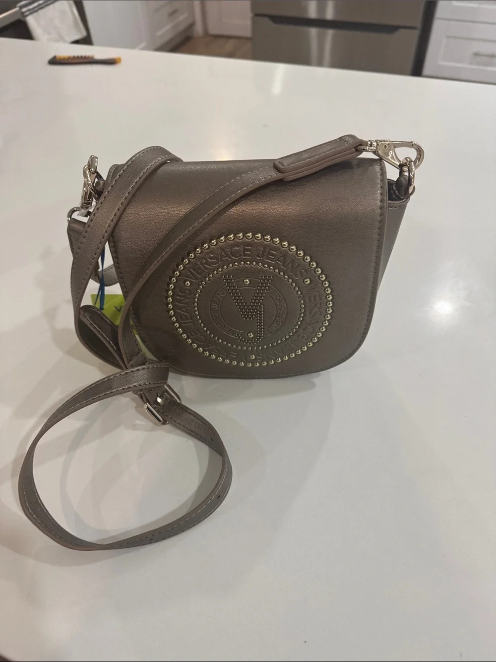 Versace Jeans Collection Taupe/Brown Embossed Logo Crossbody Bag